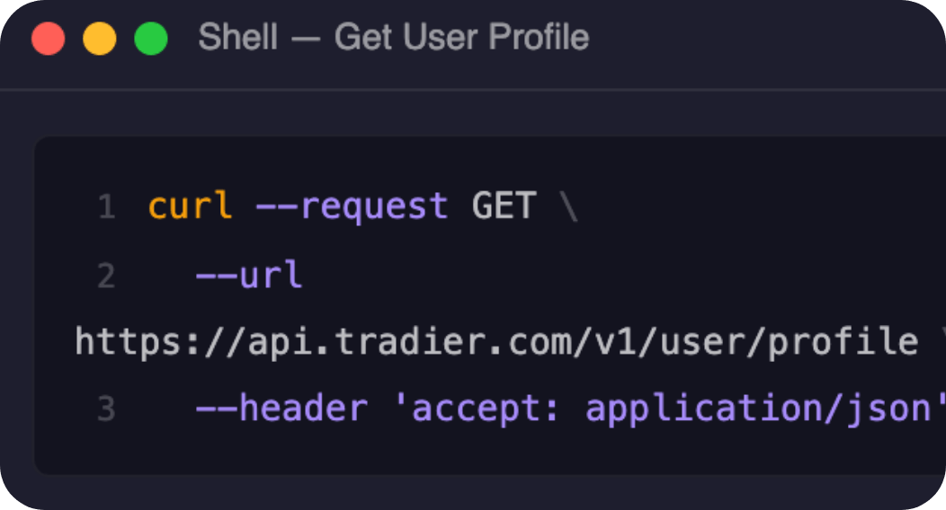 A shell window showing a curl request to the Tradier user profile endpoint