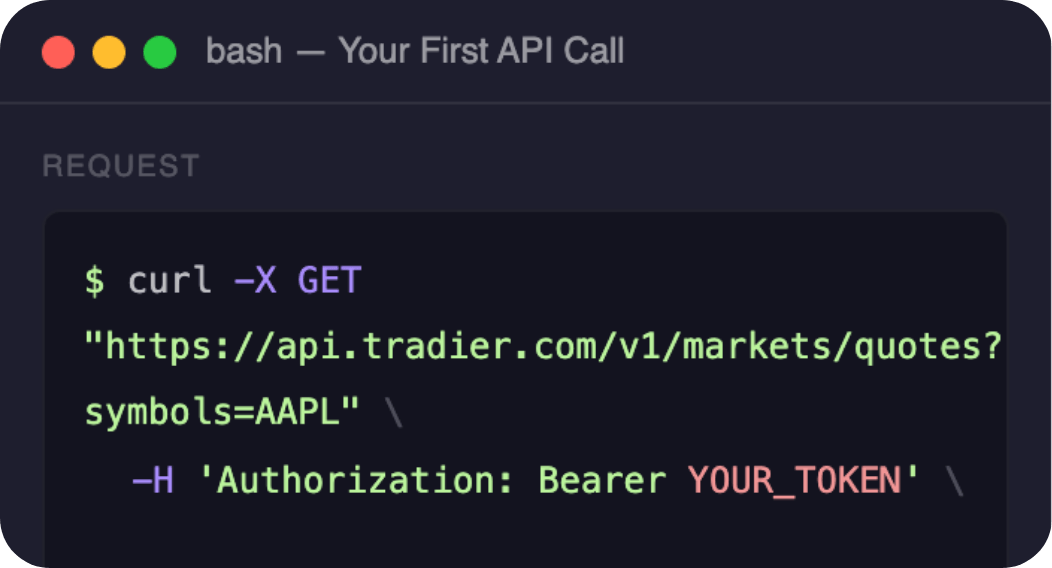 A terminal running the first Tradier API call — a curl request for an AAPL quote with a bearer token