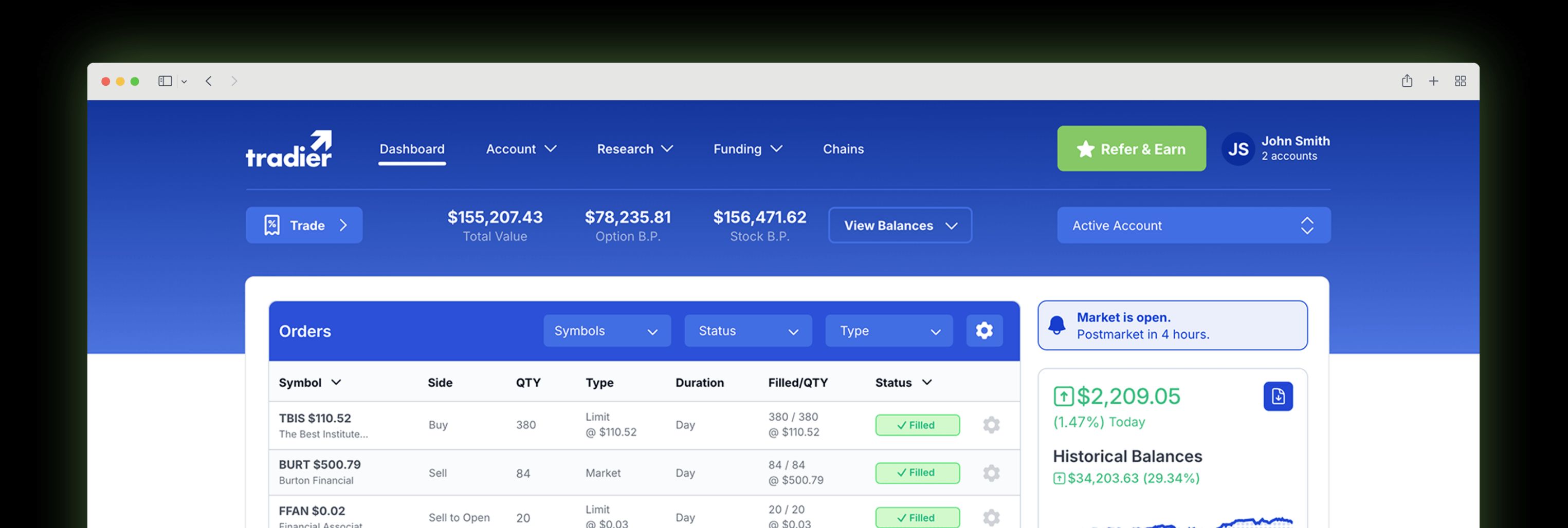 Tradier Web's Dashboard