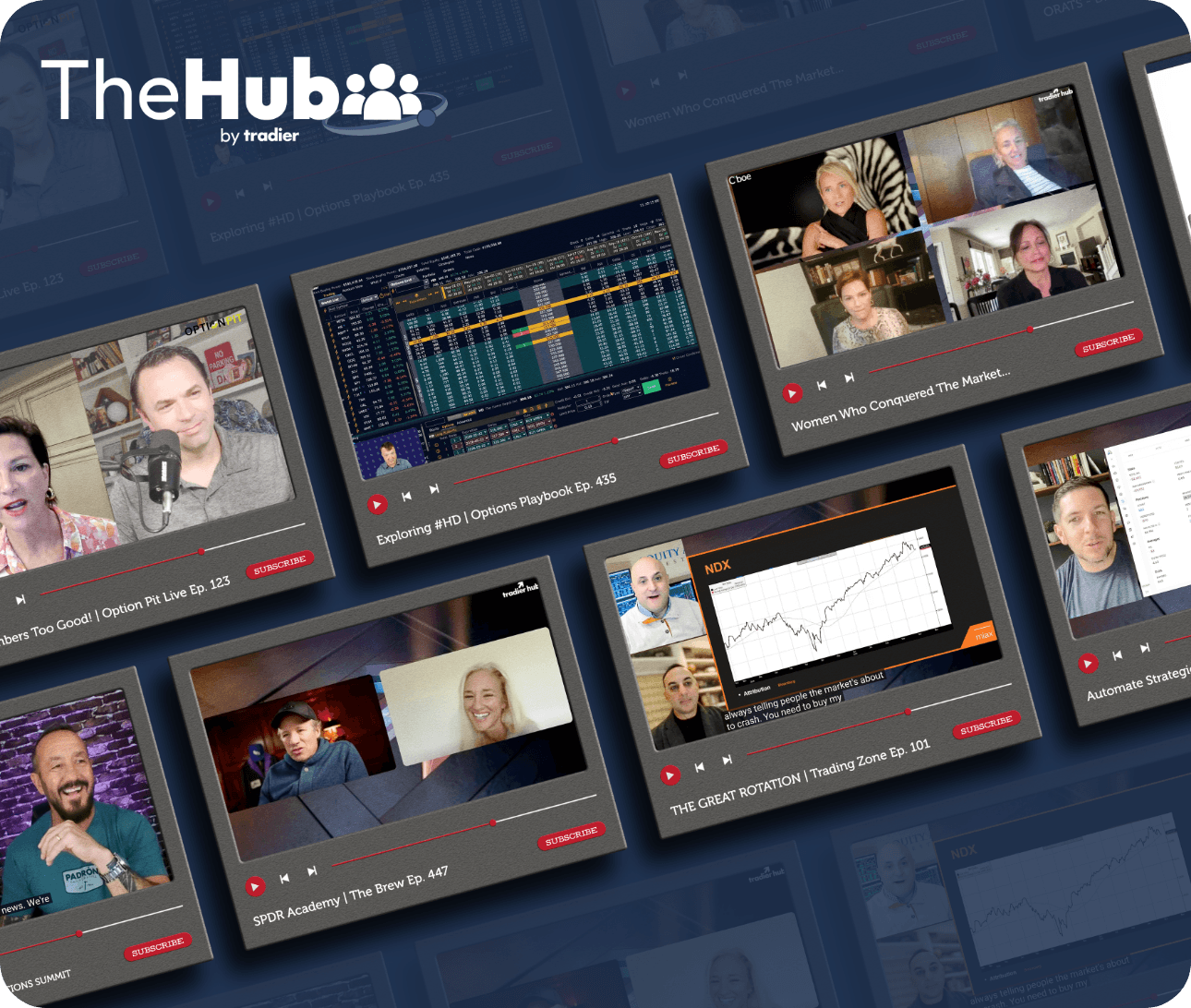 A grid of Tradier Hub show episodes and live streams