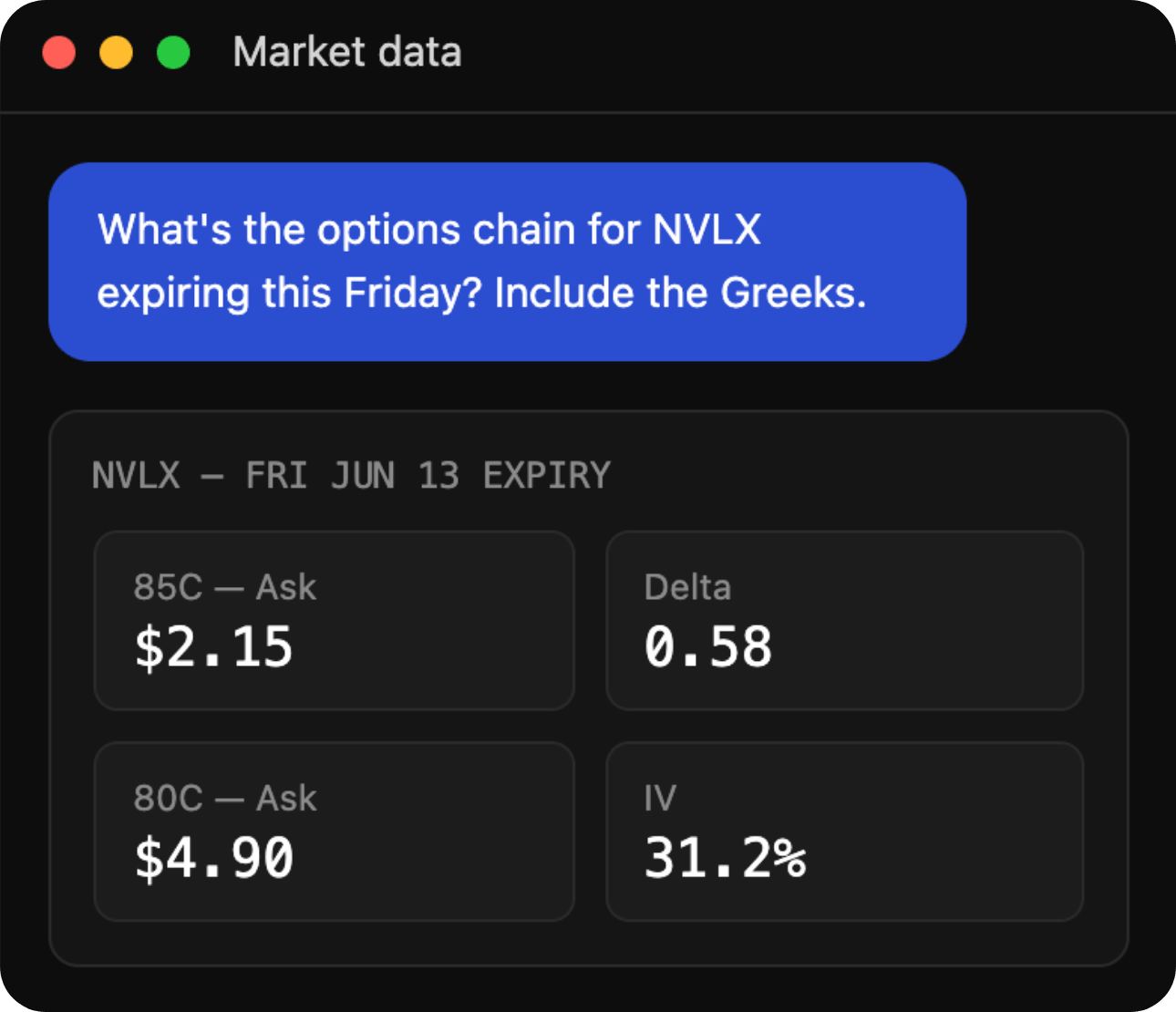 An AI assistant asked for AAPL's options chain with Greeks, returning ask prices, delta, and implied volatility