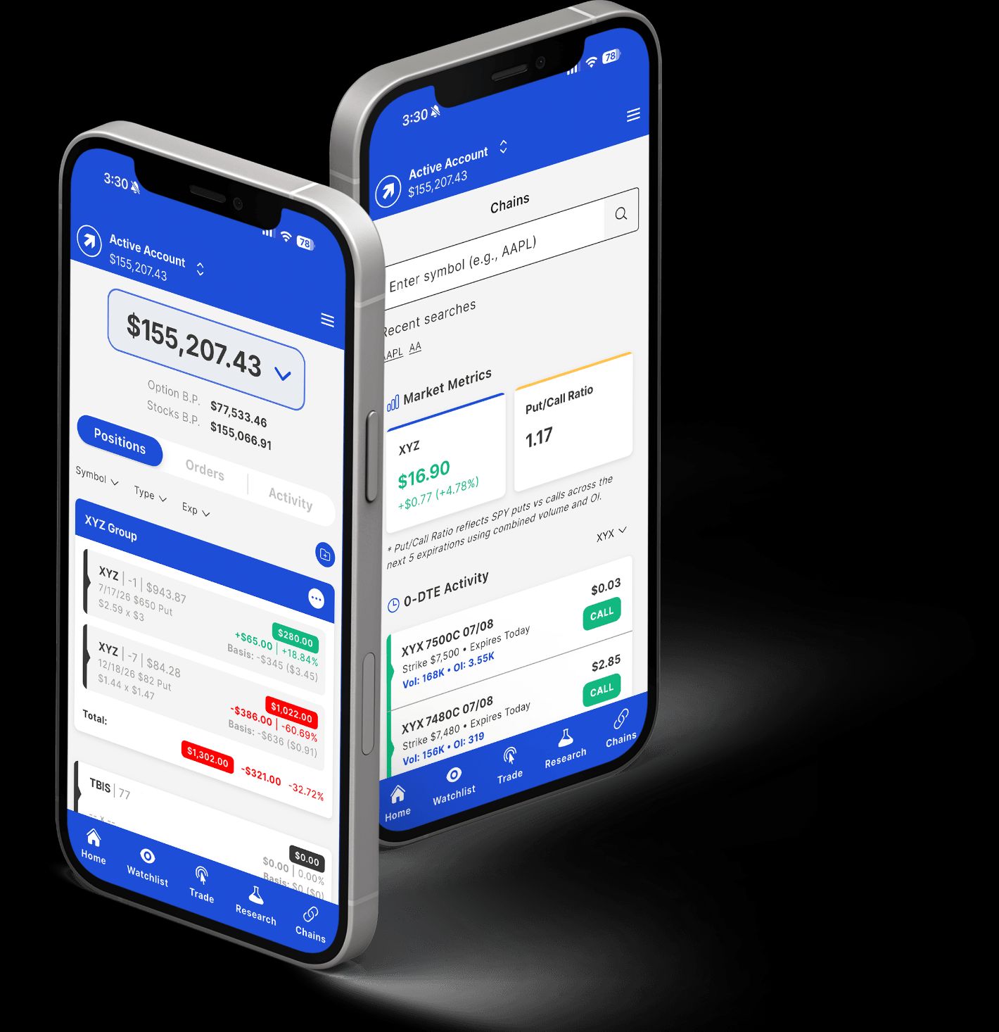 Two smartphones showing different screens of the Tradier mobile app