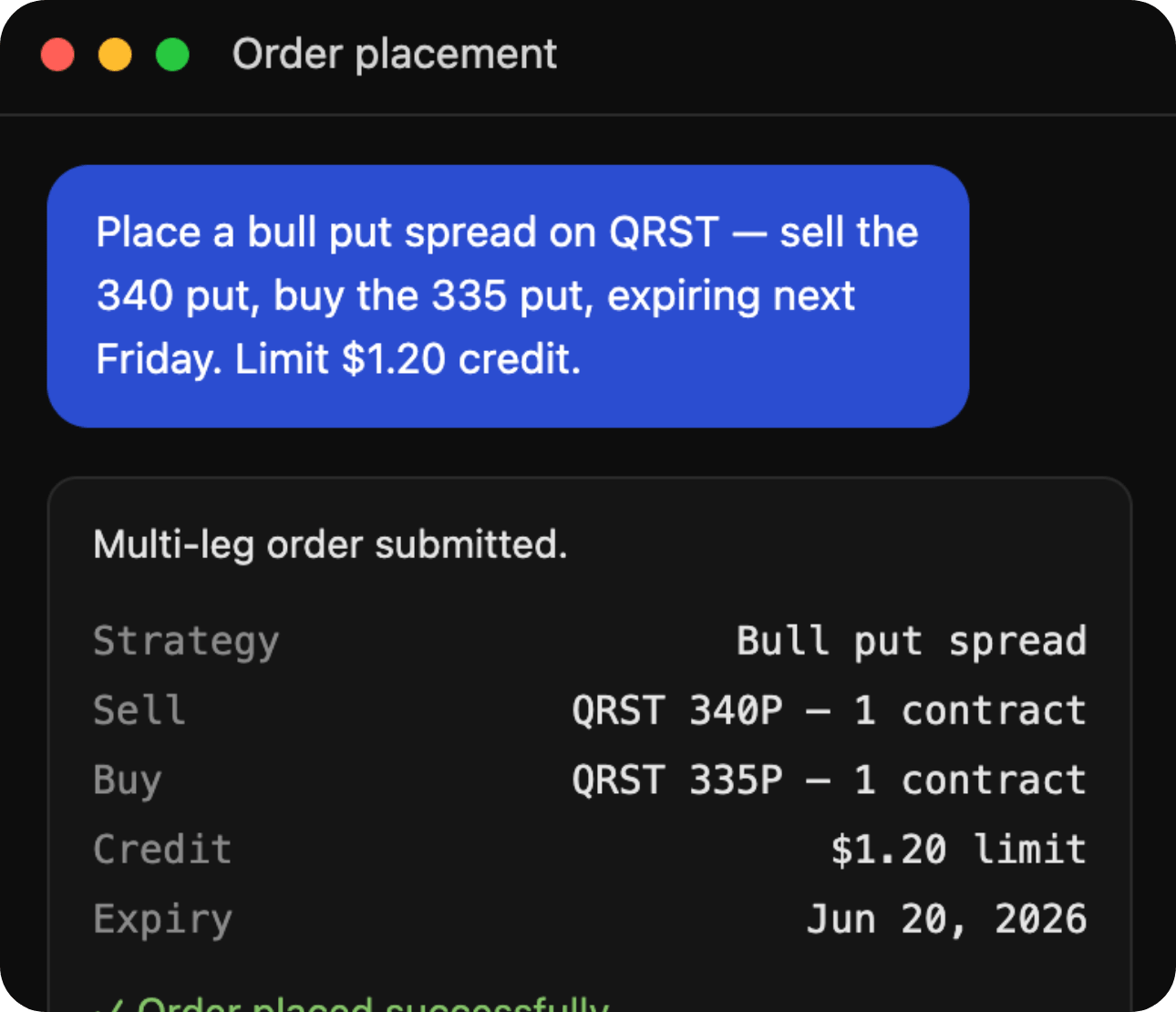 An AI assistant placing a bull put spread on SPY, confirming the multi-leg order was submitted successfully