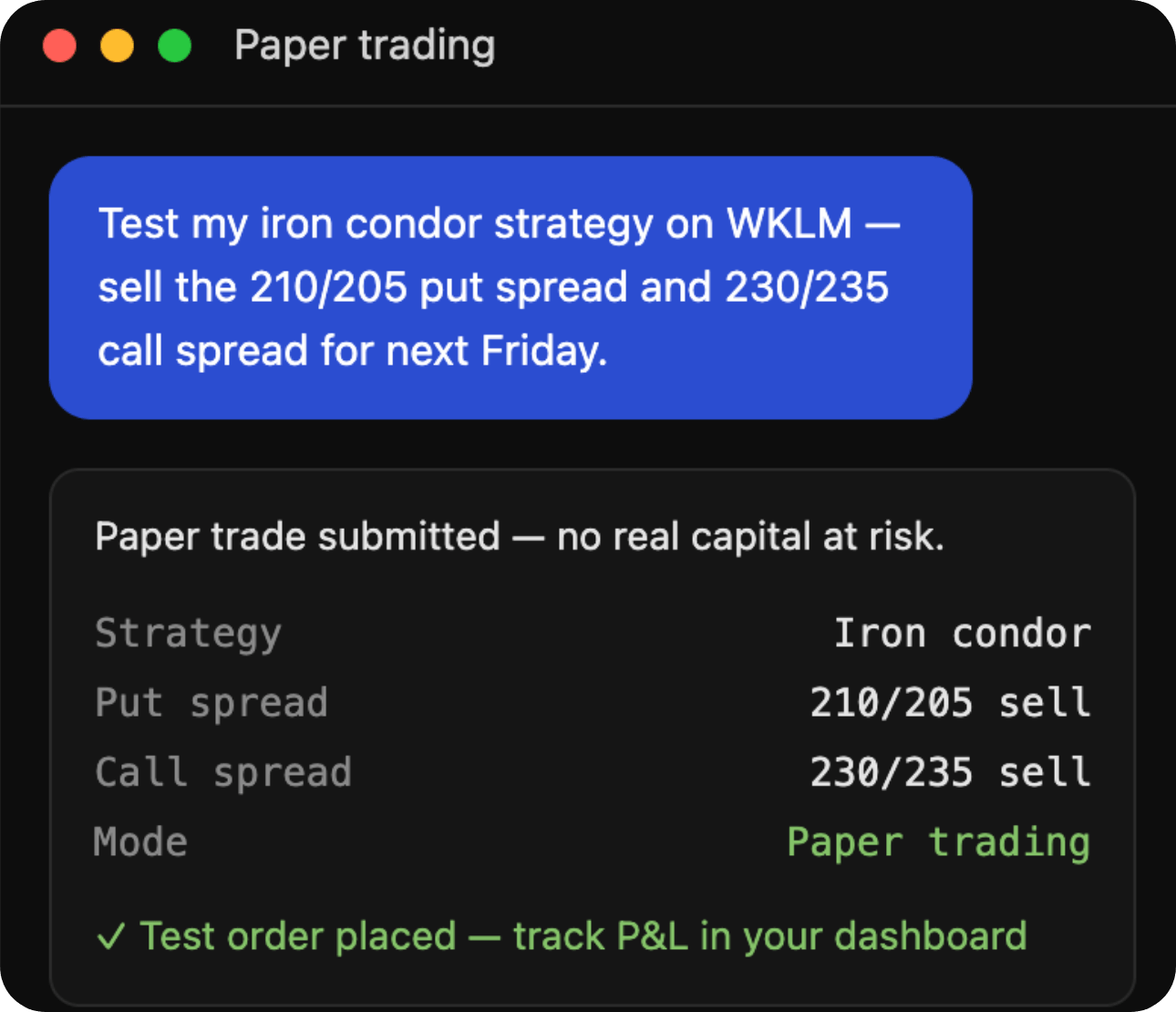 An AI assistant submitting an iron condor paper trade on QQQ with no real capital at risk