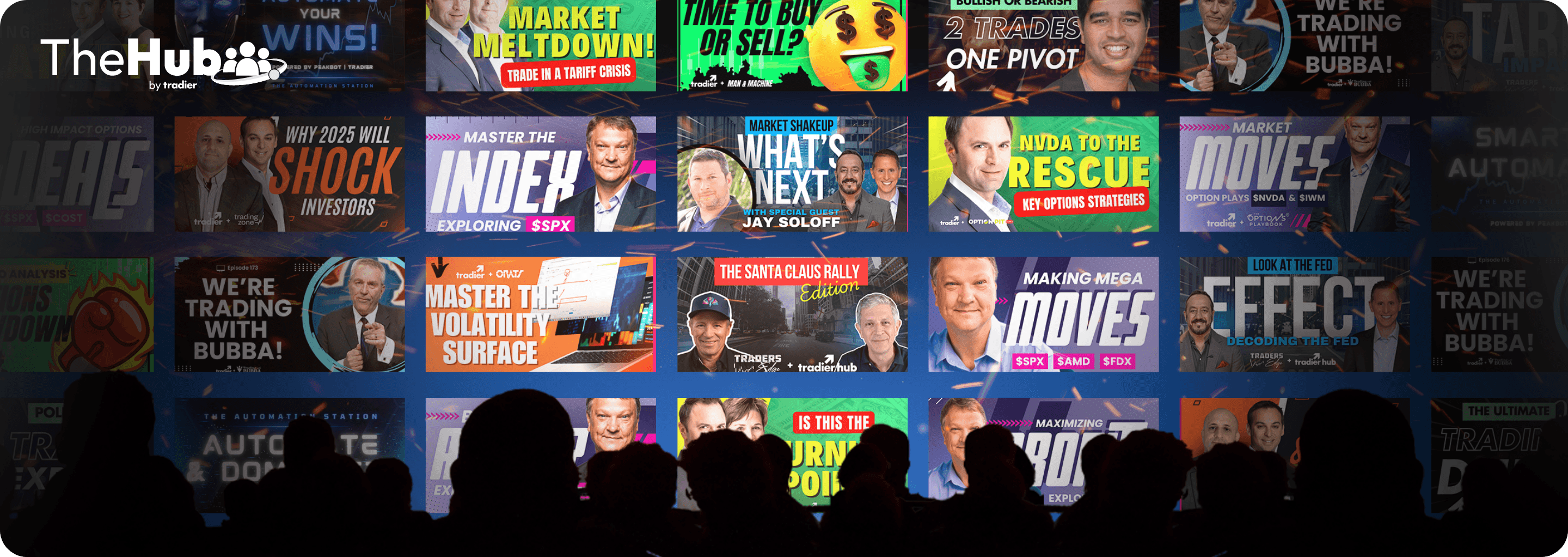 A wall of Tradier Hub show thumbnails above an audience watching a live event