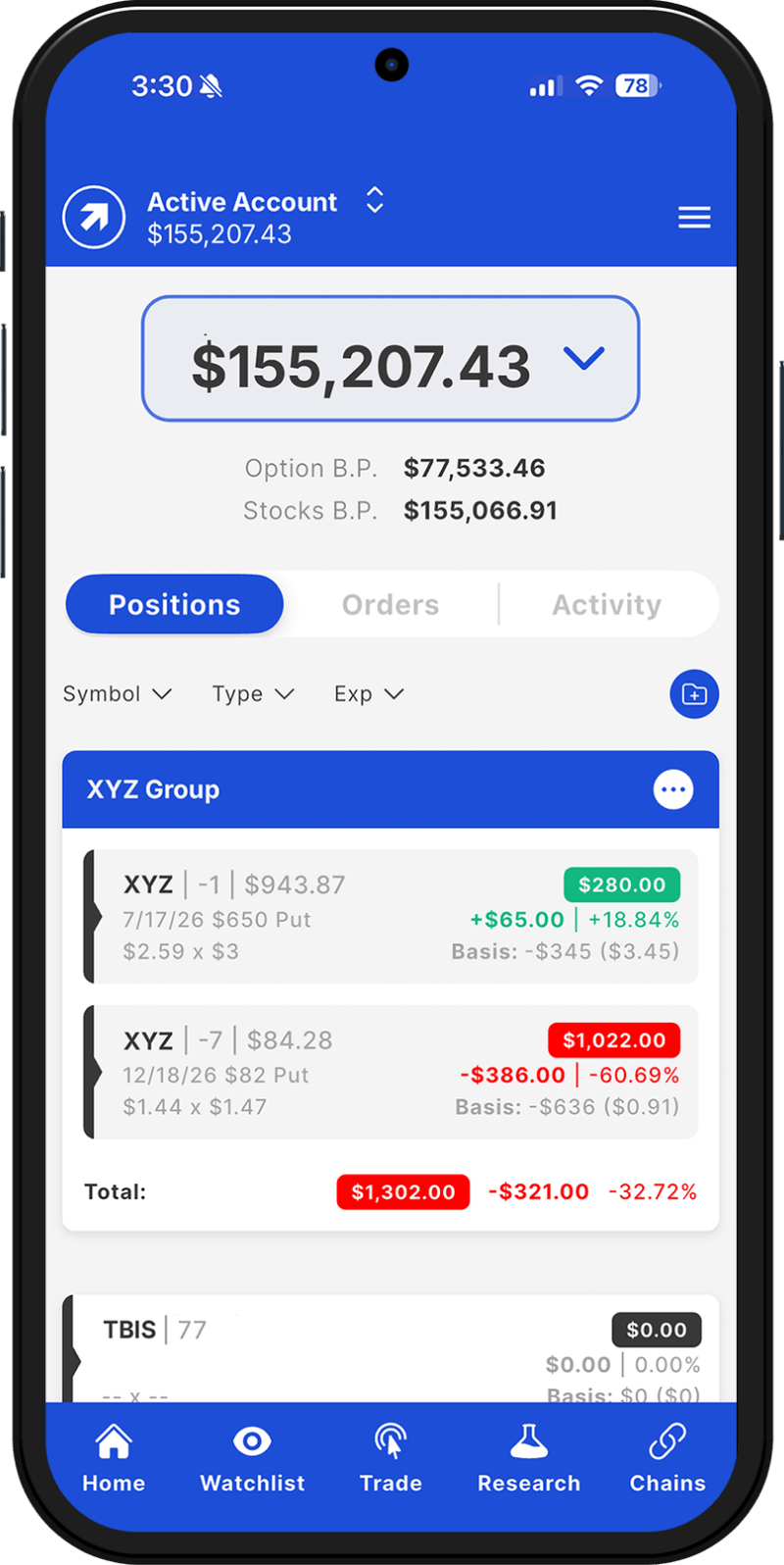 The Tradier Mobile app showing an account overview with grouped option positions.
