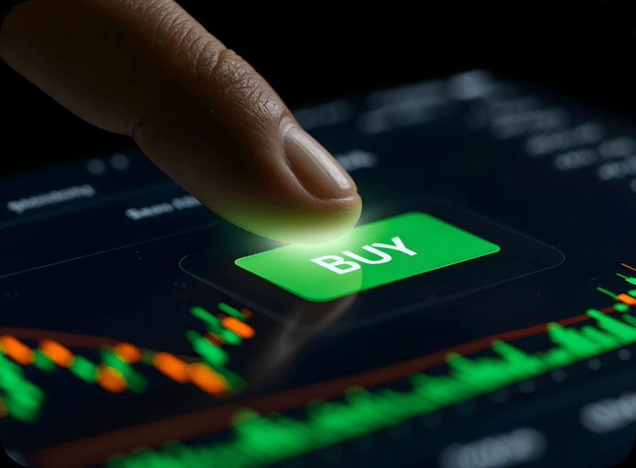 Trader tapping a buy button over a live futures chart
