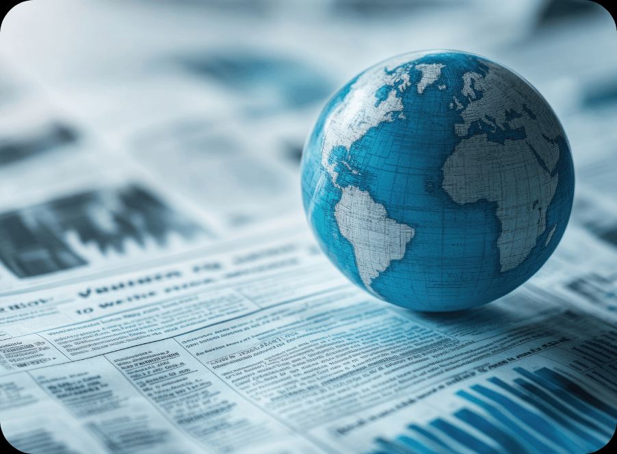 A globe resting on financial newspapers representing global markets