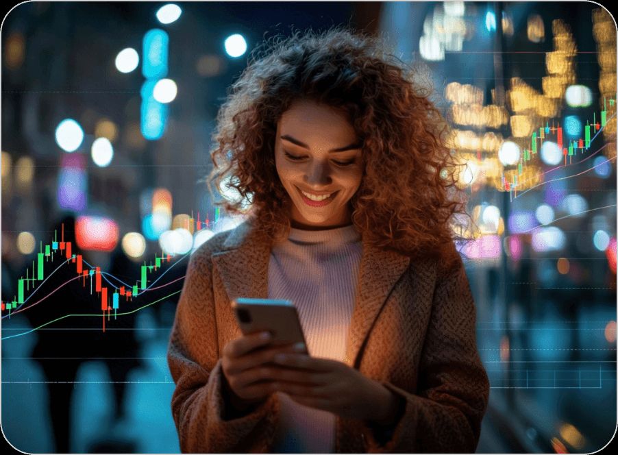 A smiling woman using the Tradier mobile application at night with city lights background